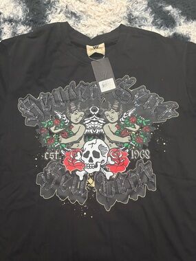 Black Graphic Tee with Skull & Rose Print